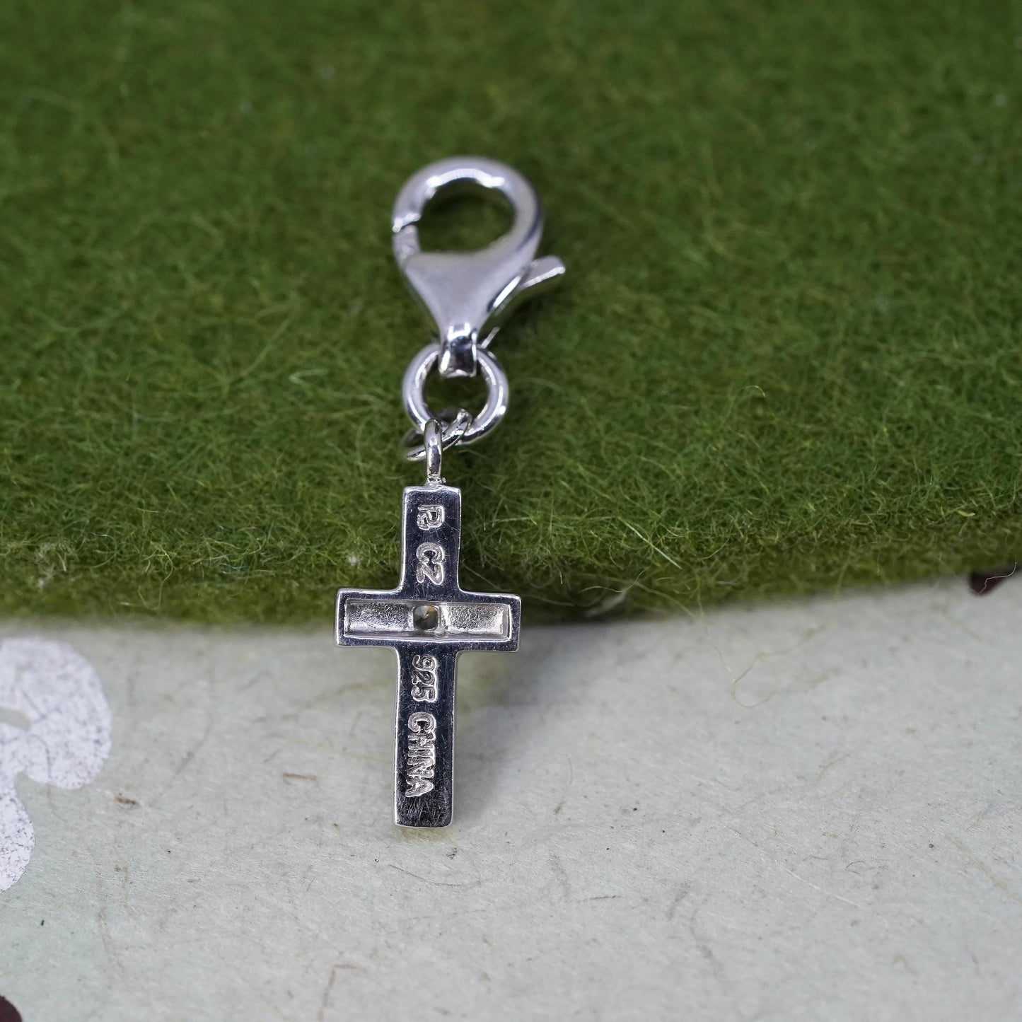 Vintage Sterling silver pendant, solid 925 silver cross charm with cz