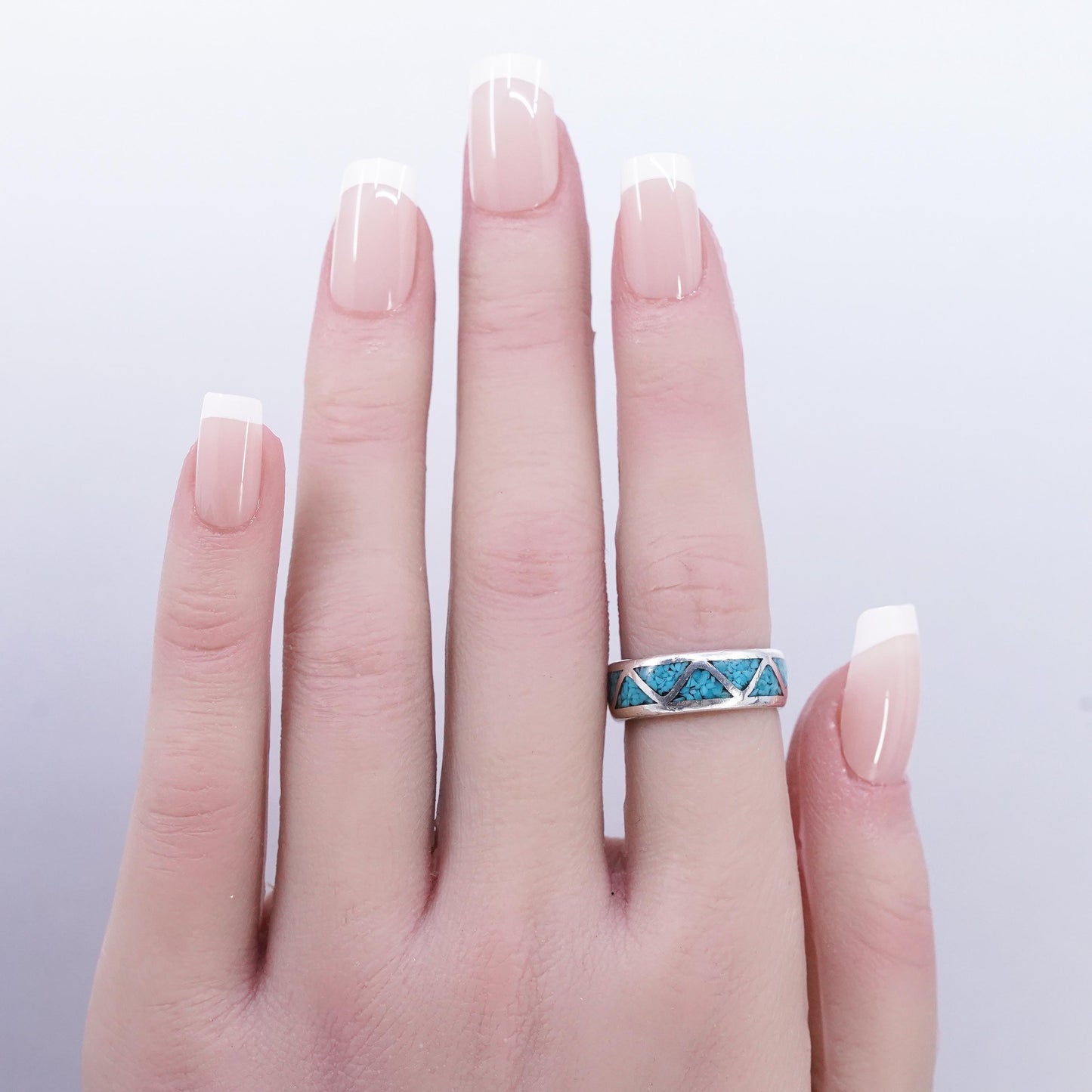size 5.25, Native American Zuni Sterling Silver Ring, 925 zigzag band turquoise