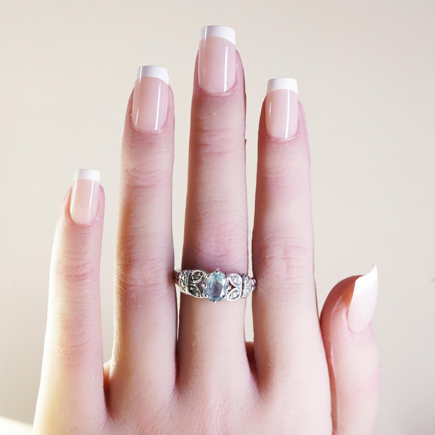 Size 7, vintage sterling silver handmade ring, 925 with blue topaz and cz