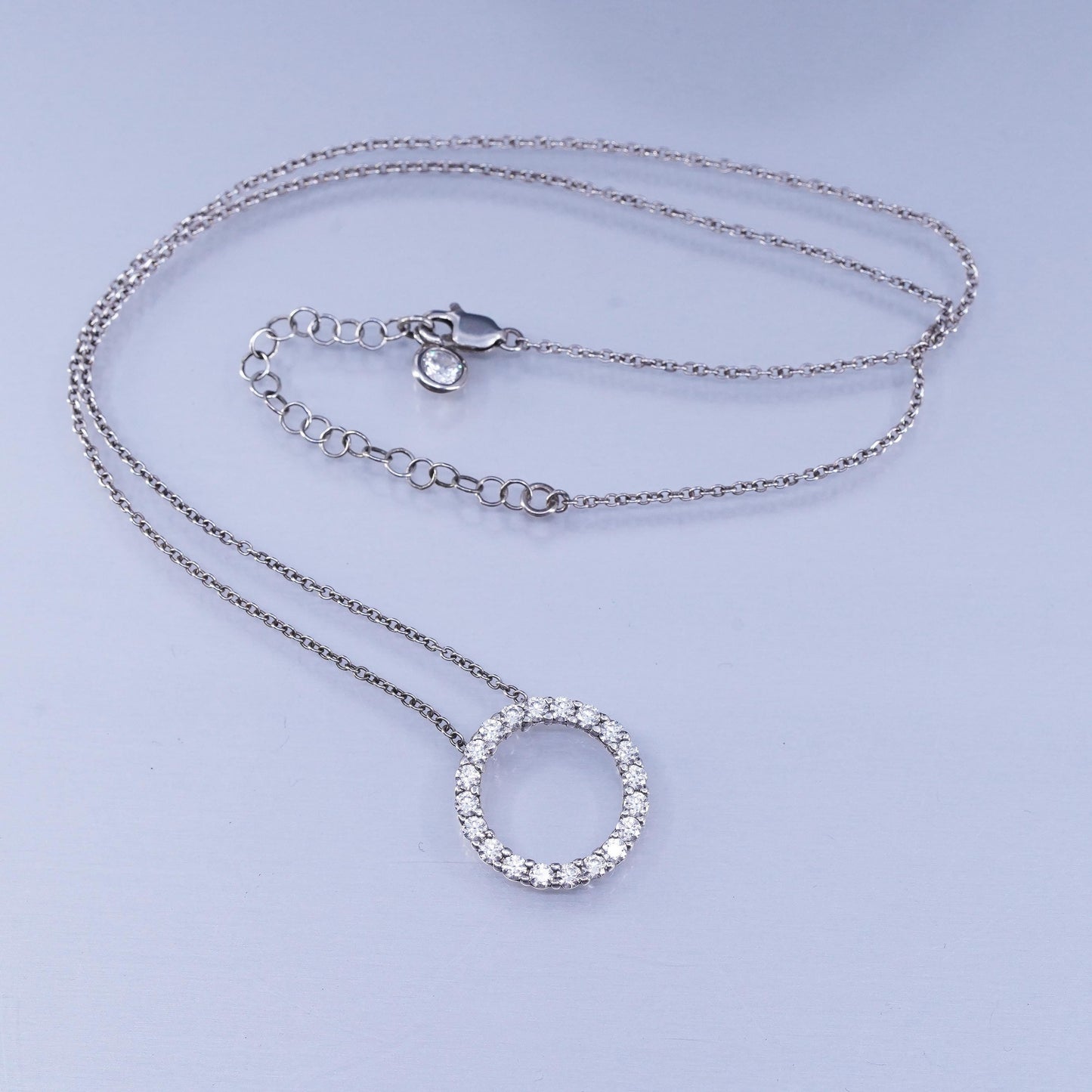 16+2”, vintage Sterling 925 silver circle necklace with cz circle beat pendant