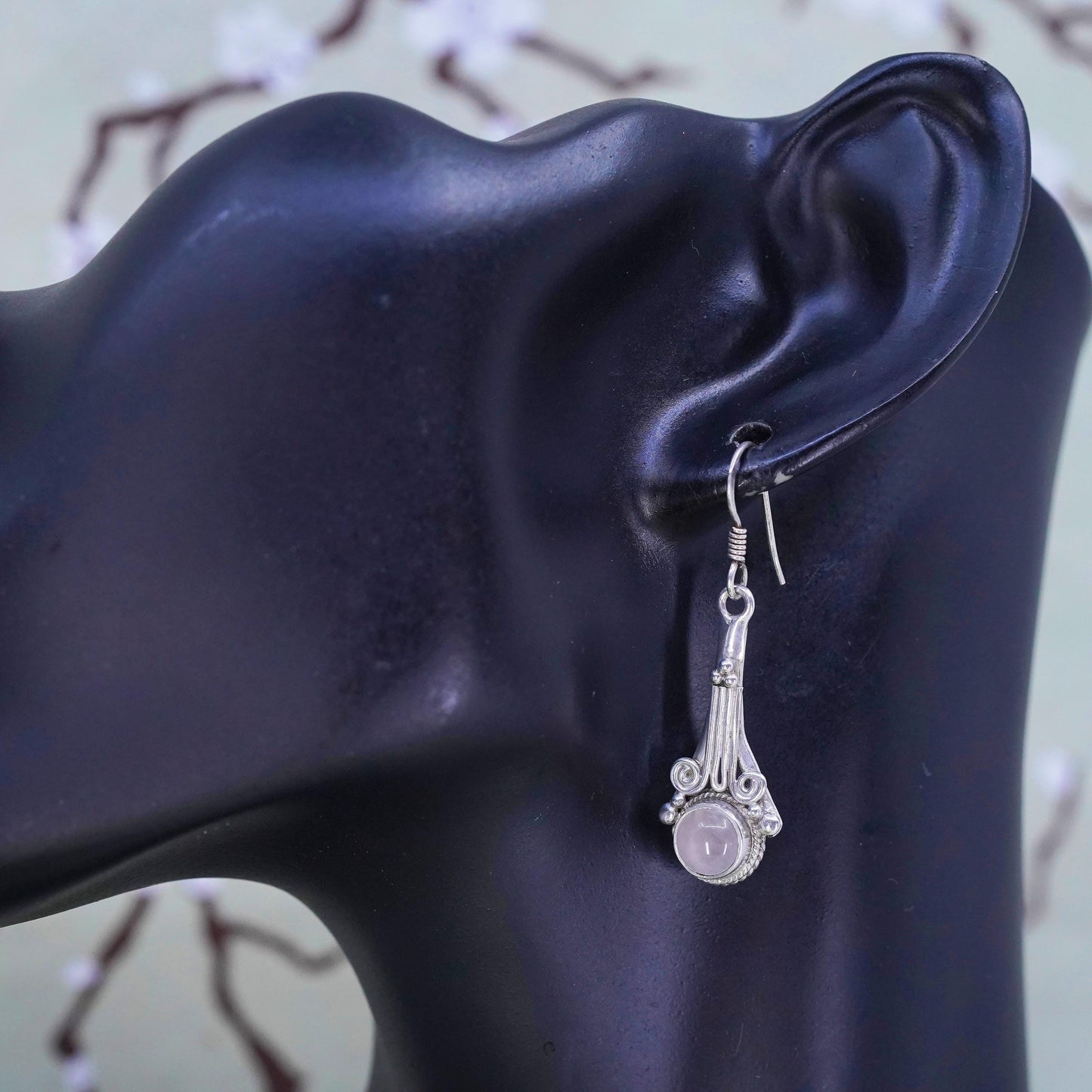 Vintage Sterling 925 silver handmade earrings with pink quartz and beads