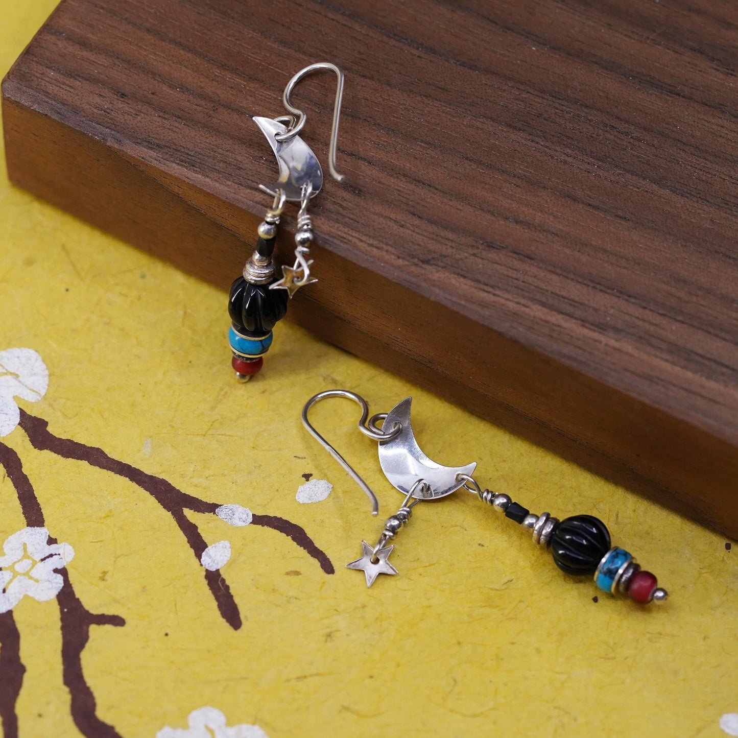 Native American Sterling 925 silver moon star earrings onyx turquoise