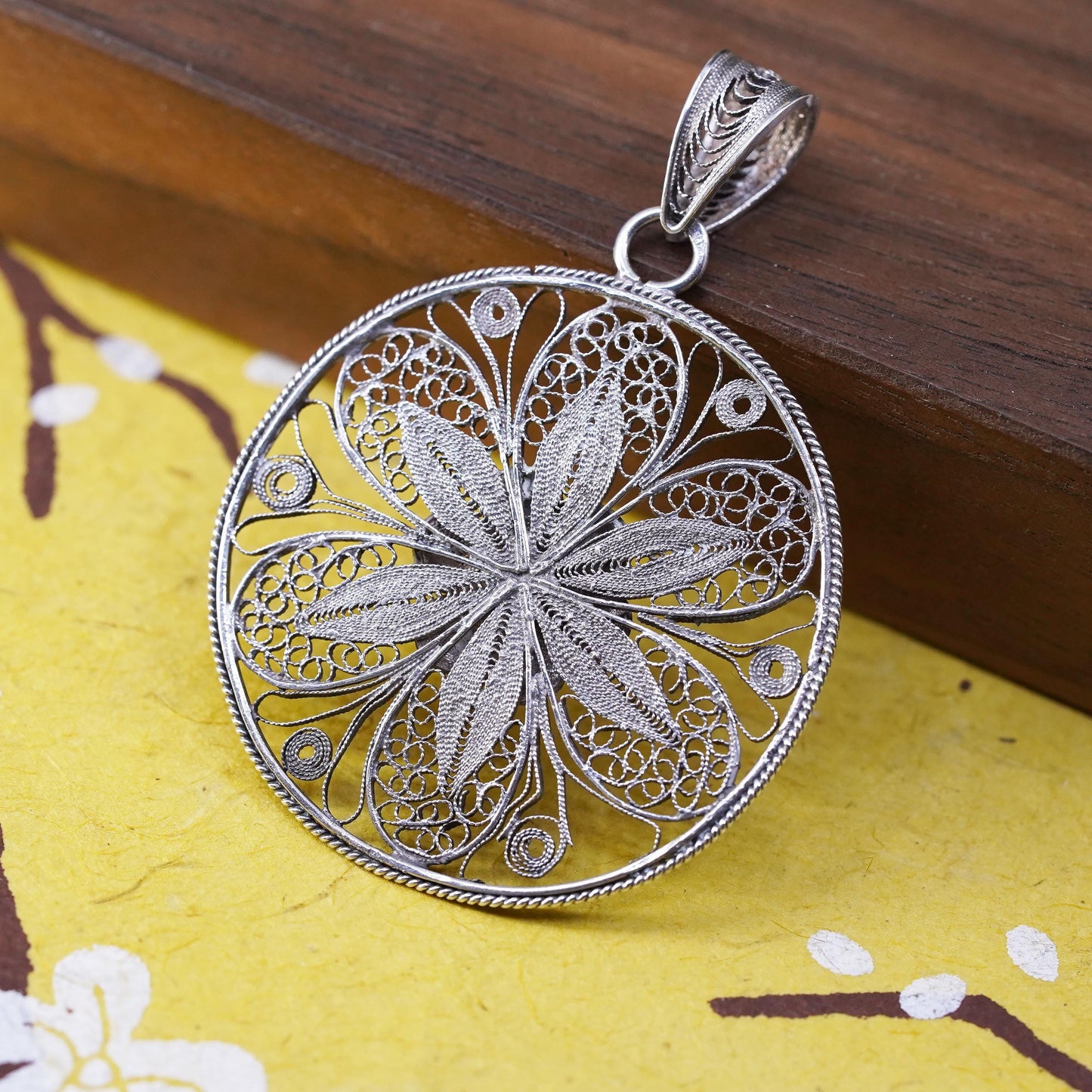 Vintage Sterling silver handmade pendant, 925 filigree flower, silver tested