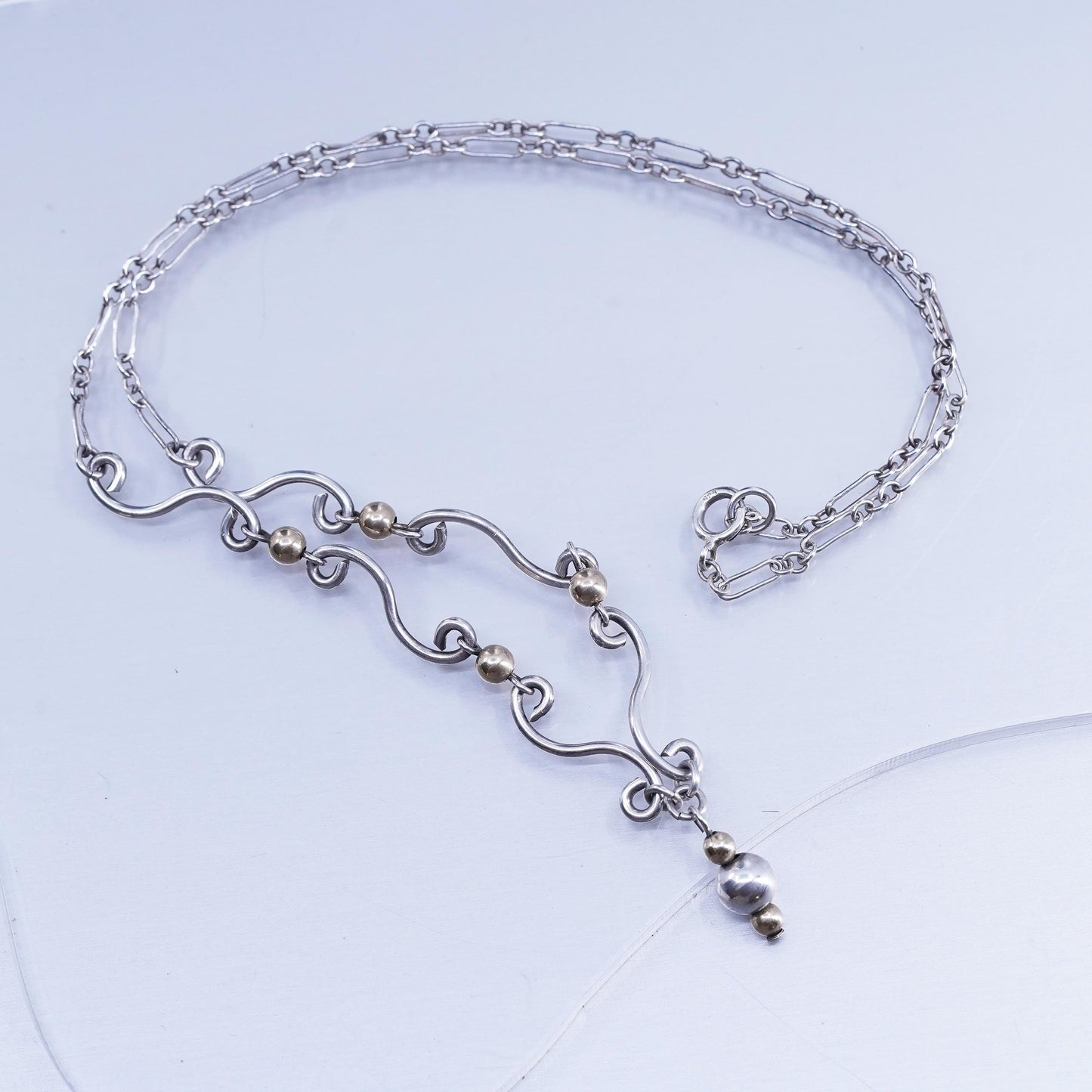17”, vintage Sterling 925 silver elongated chain necklace with 14K gold beads