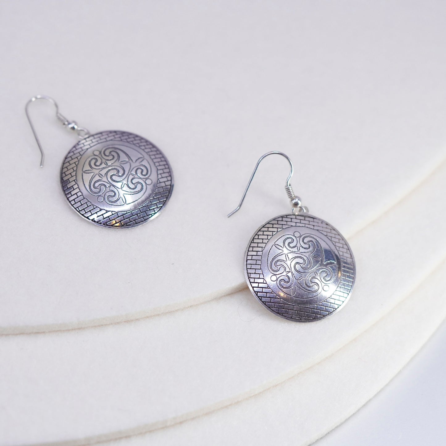vintage Sterling silver handmade earrings, 925 textured disc dangles