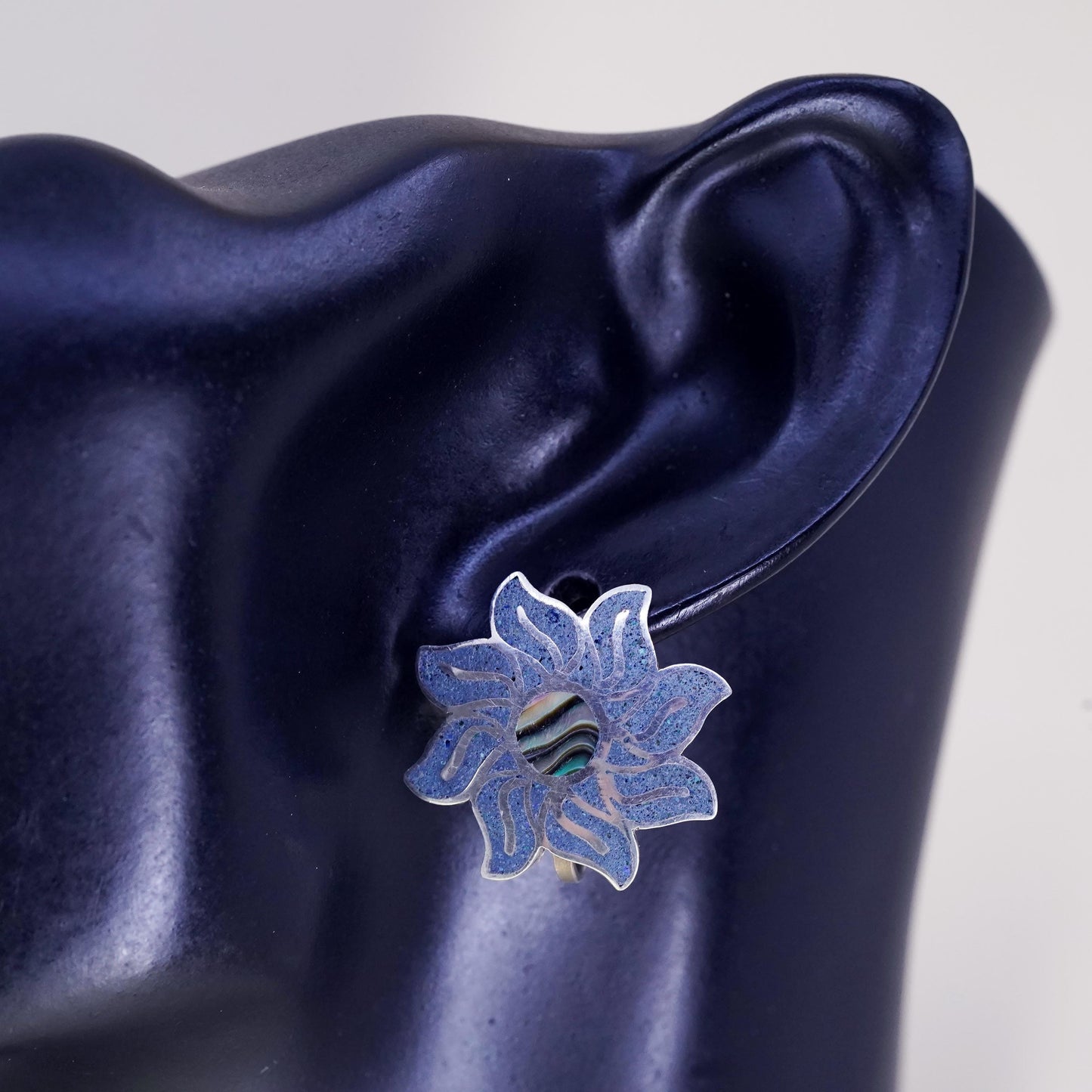Taxco Hecho En Sterling silver flower earrings, 925 screw back sodalite abalone