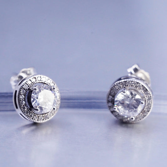 Vintage Sterling 925 silver handmade earrings, circle studs with cluster Cz