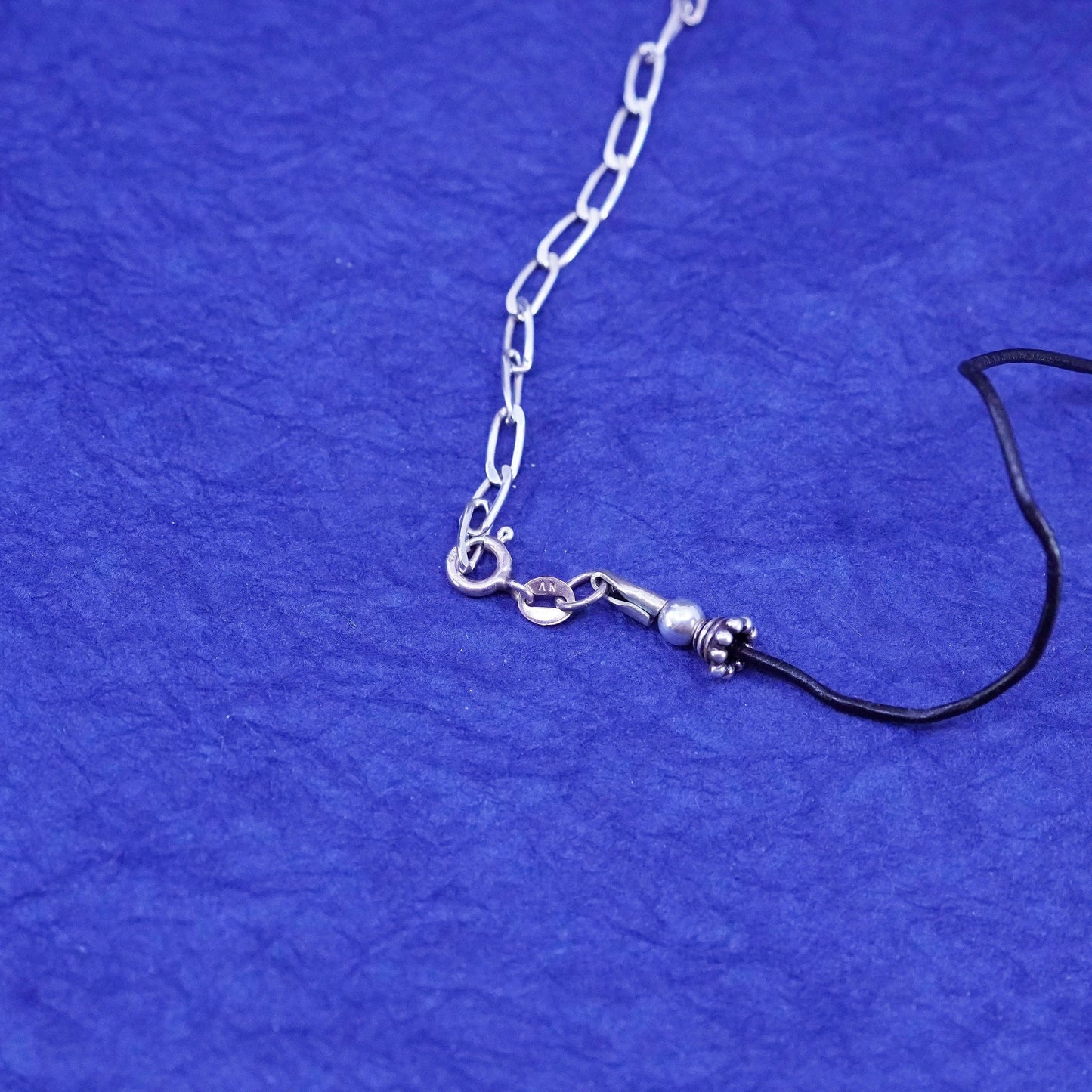 16+3”, vintage Sterling Silver clasp black Leather Necklace w/ extension chain