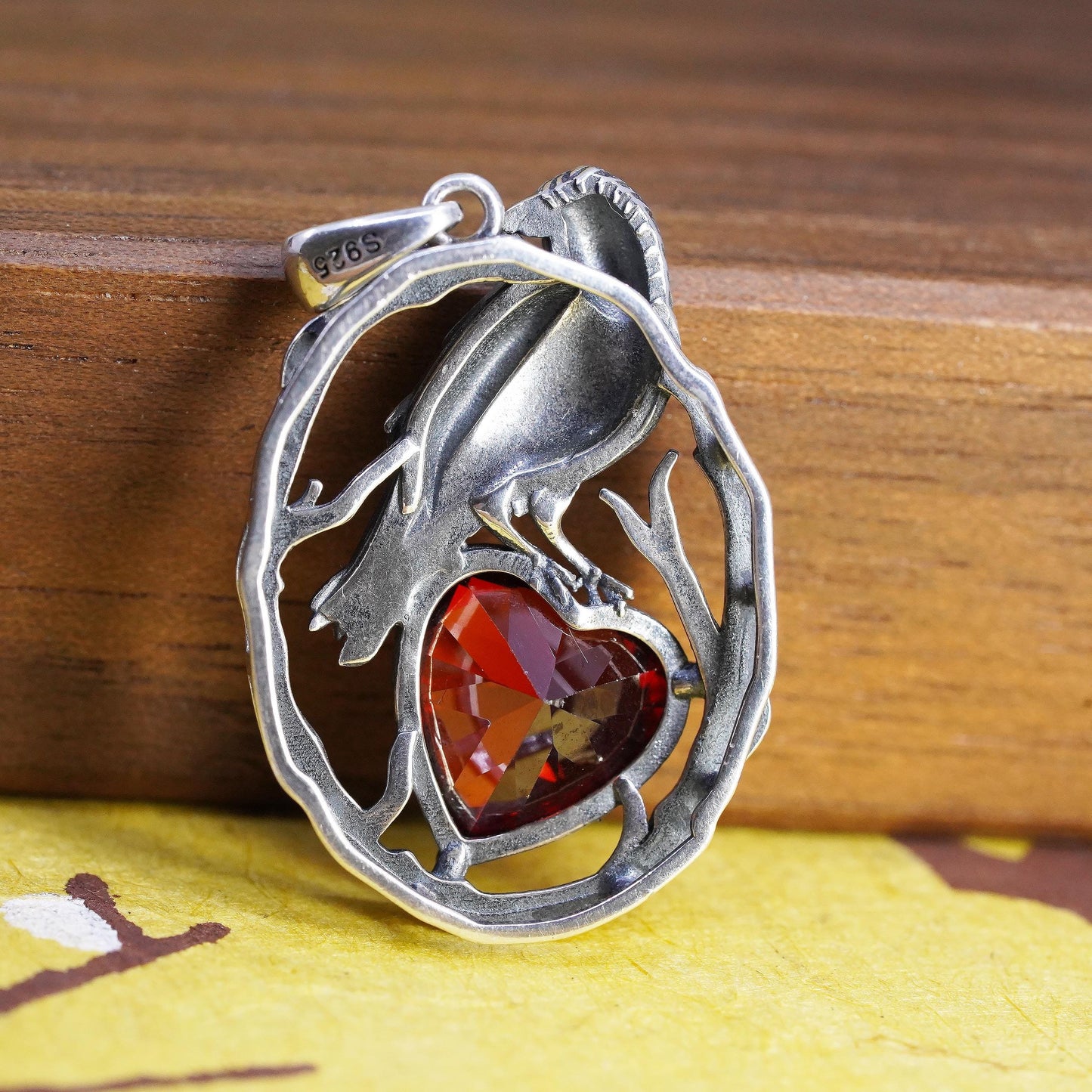 Garnet Heart Raven Pendant, Sterling Silver 925 Crow Bird Oval, Red 925 Jewelry