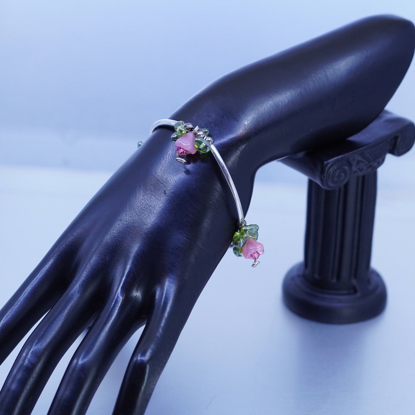 7.25”, vintage Sterling 925 silver curve tube bracelet with pink green glass