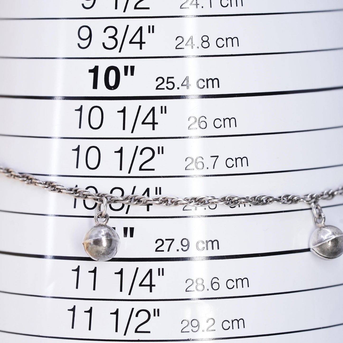 10.75”, sterling silver anklet bracelet, 925 Singapore rope bell chime charms