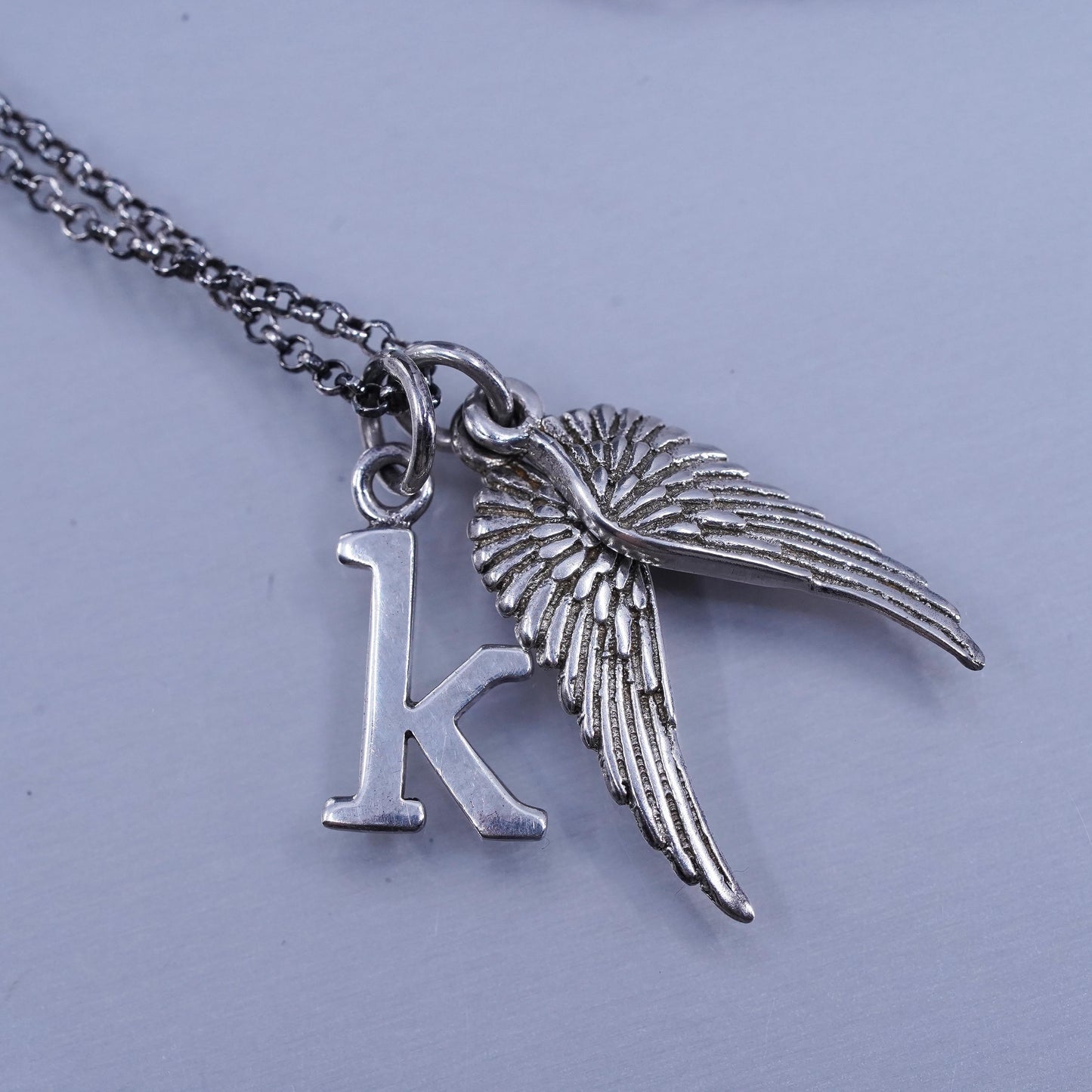 16+2”, vintage Sterling 925 silver circle chain necklace letter K wings pendant