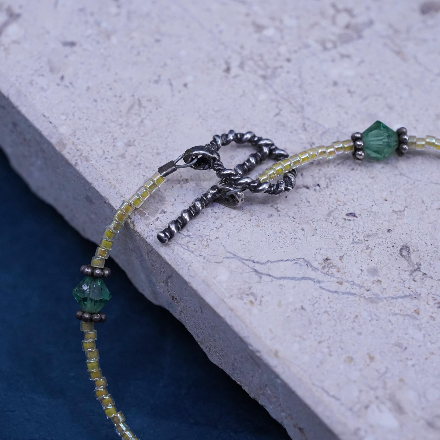 16”, Sterling silver necklace, 925 toggle clasp green flower Murano glass beads