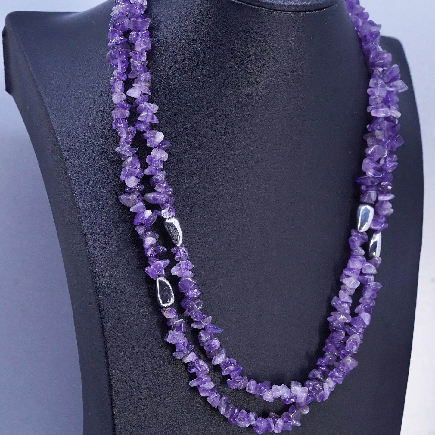 40”, Vintage sterling 925 silver handmade extra long necklace w/ amethyst beads