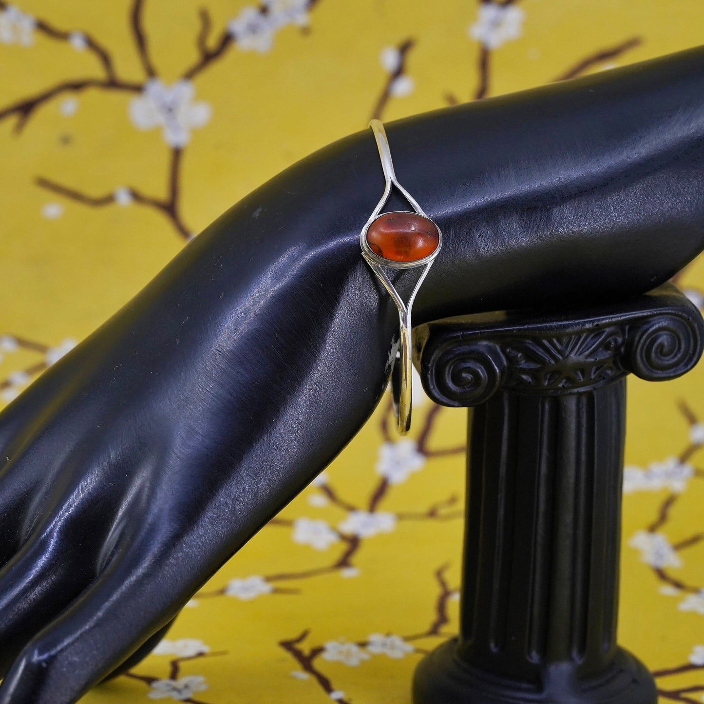 6.5”, Vintage Sterling silver handmade bracelet, 925 hinged bangle with amber