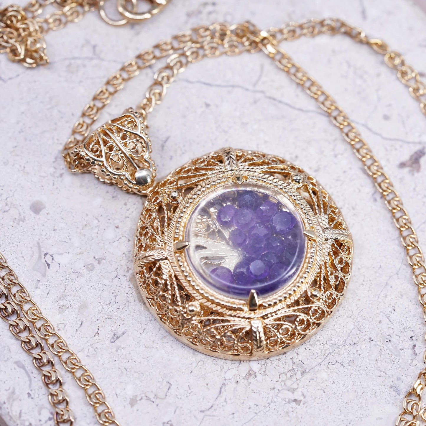 36" Turkey gold tone Sterling 925 silver necklace amethyst filigree pendant