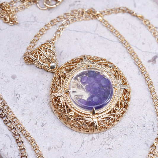 36" Turkey gold tone Sterling 925 silver necklace amethyst filigree pendant