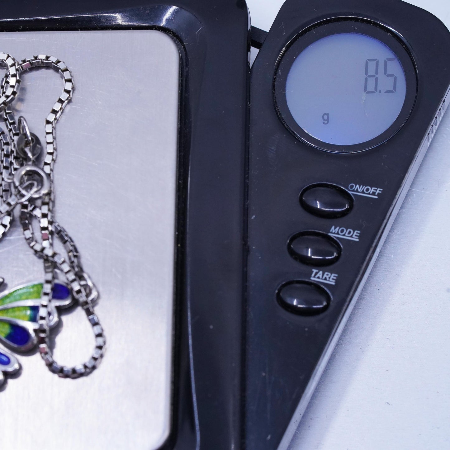 16”, vintage Sterling 925 silver box chain necklace enamel butterfly pendant