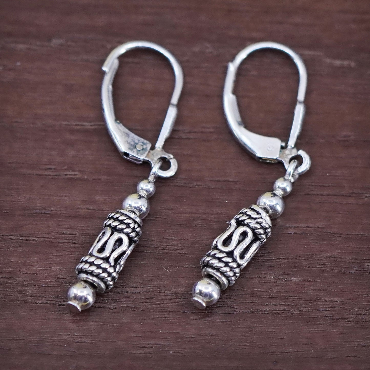 Vintage Sterling silver handmade earrings, 925 Bali Filigree beads drops