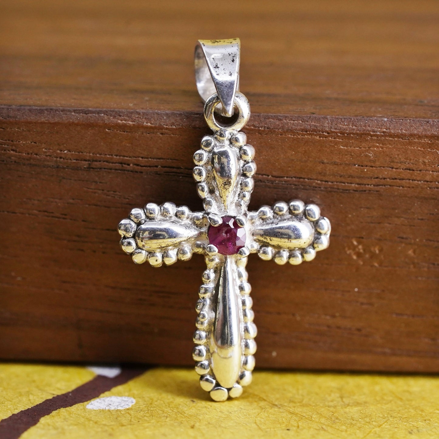 Vintage Sterling silver handmade pendant, 925 cross with Ruby and beads details