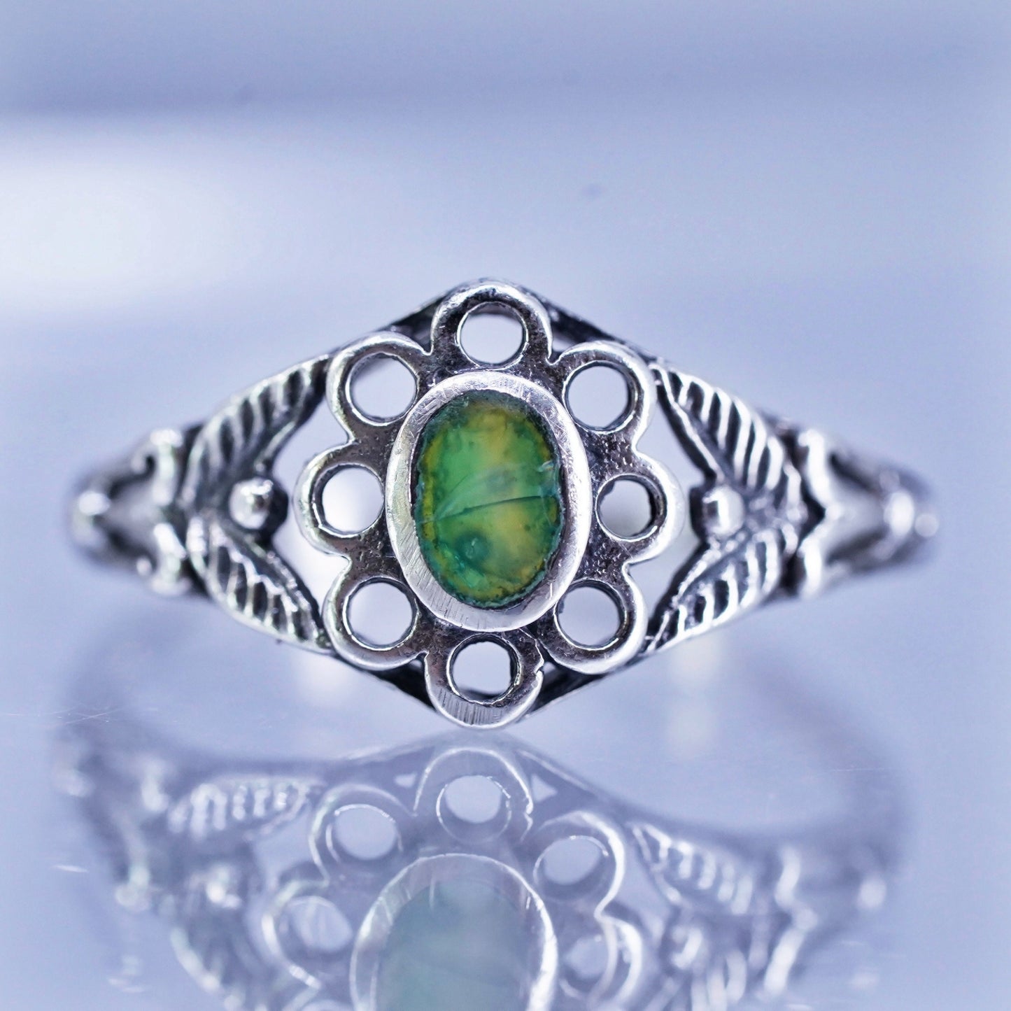 Size 6.5, vintage Sterling 925 silver handmade ring with jade and diamonds