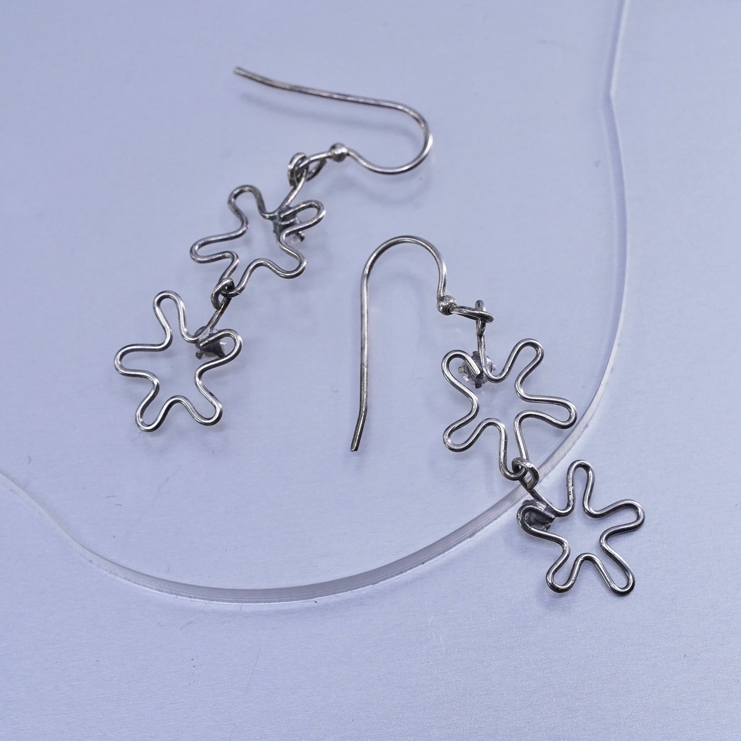 Vintage Sterling 925 silver handmade wired flower earrings with cz