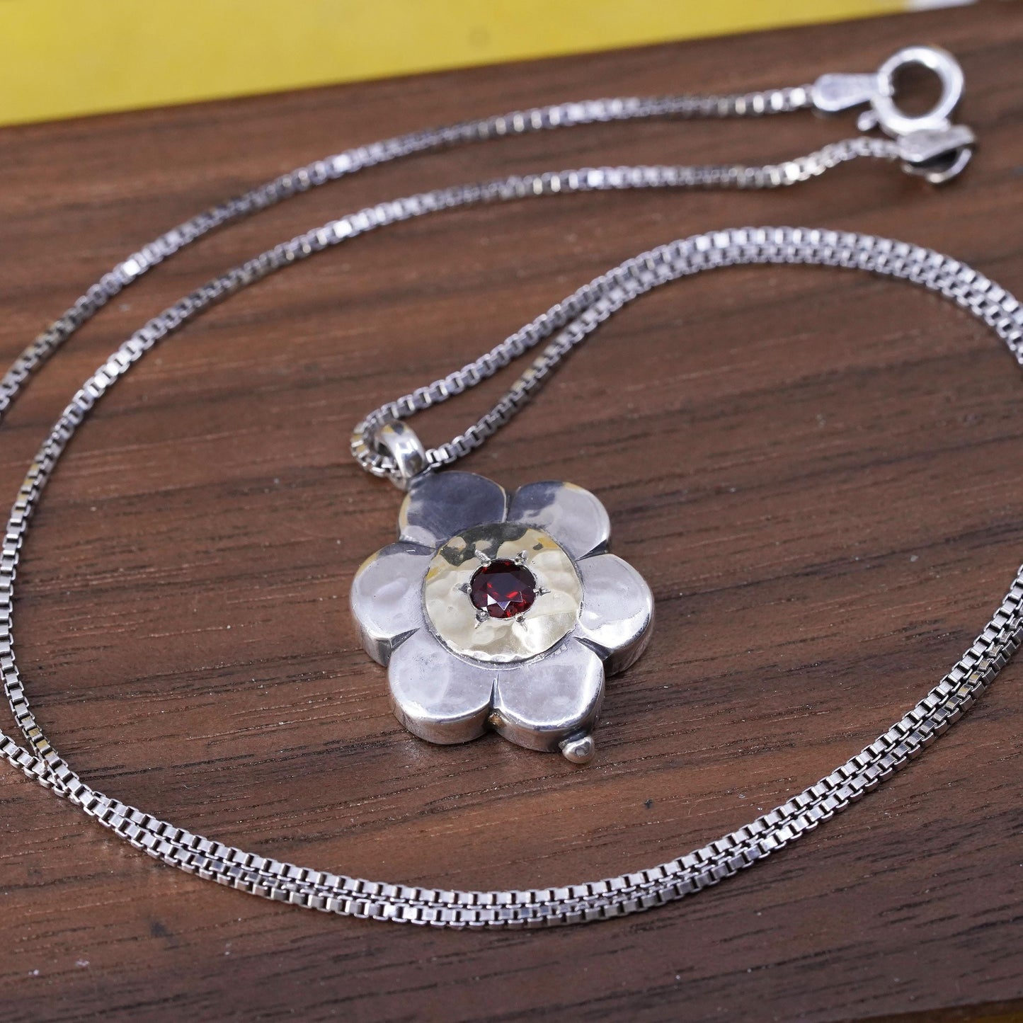 18” Vintage 14K flower Sterling silver handmade pendant, 925 box chain necklace