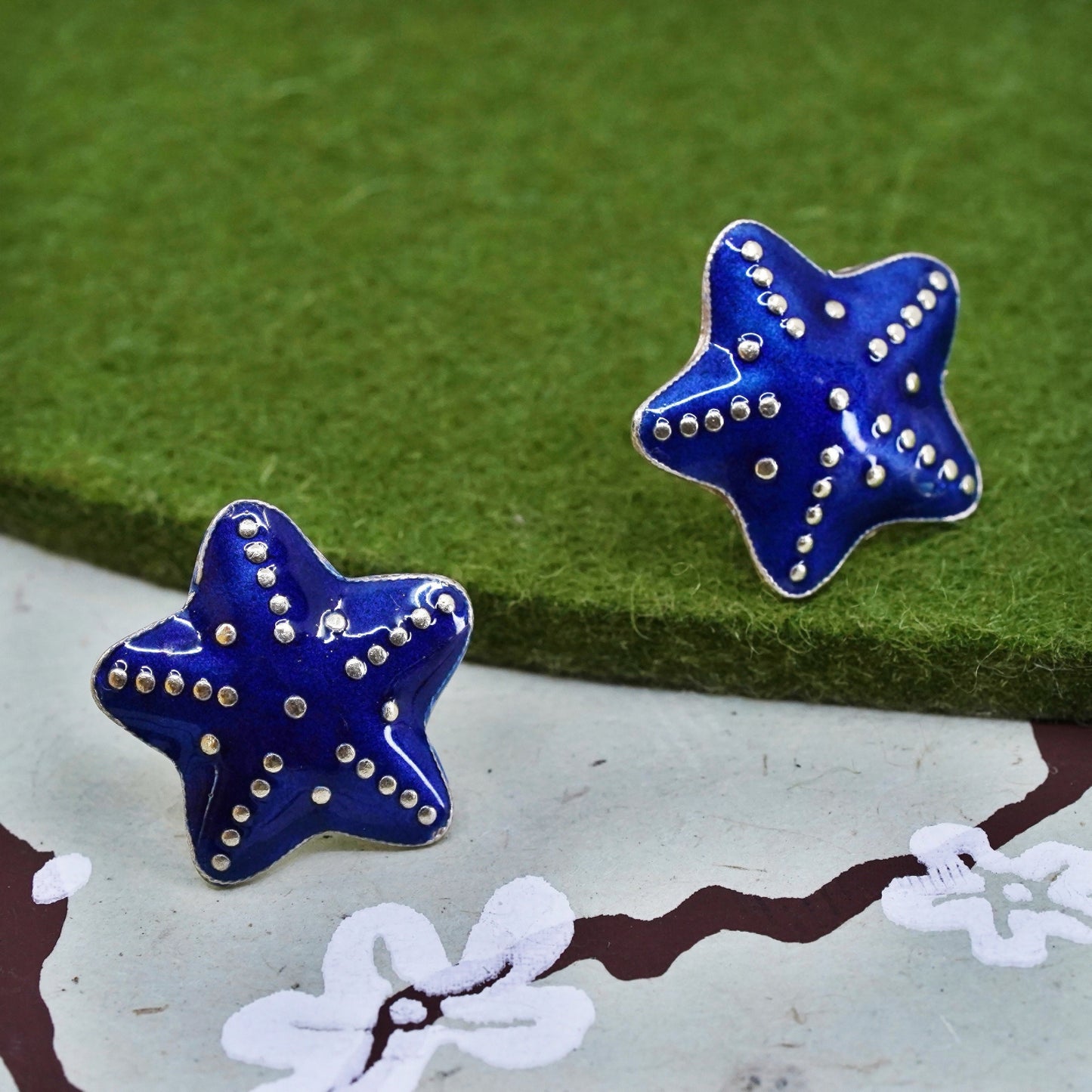 vermeil gold over Sterling silver handmade earrings, 925 star studs blue enamel