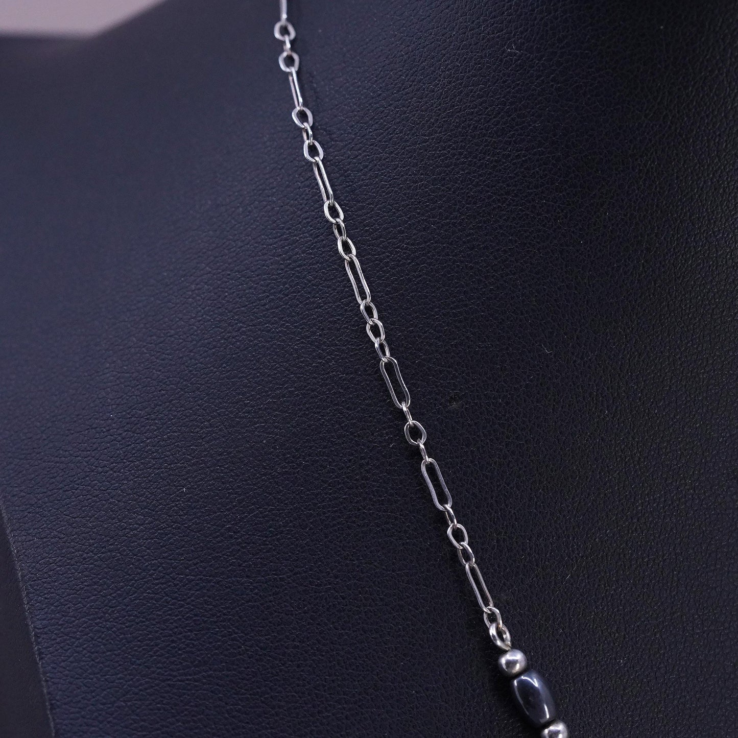 16", vintage Sterling silver necklace, 925 elongated chain hematite beads