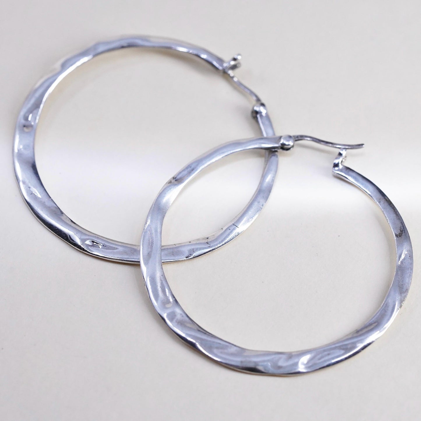 1.75", Vintage Huge 925 sterling silver loop earrings, flatten textured hoops