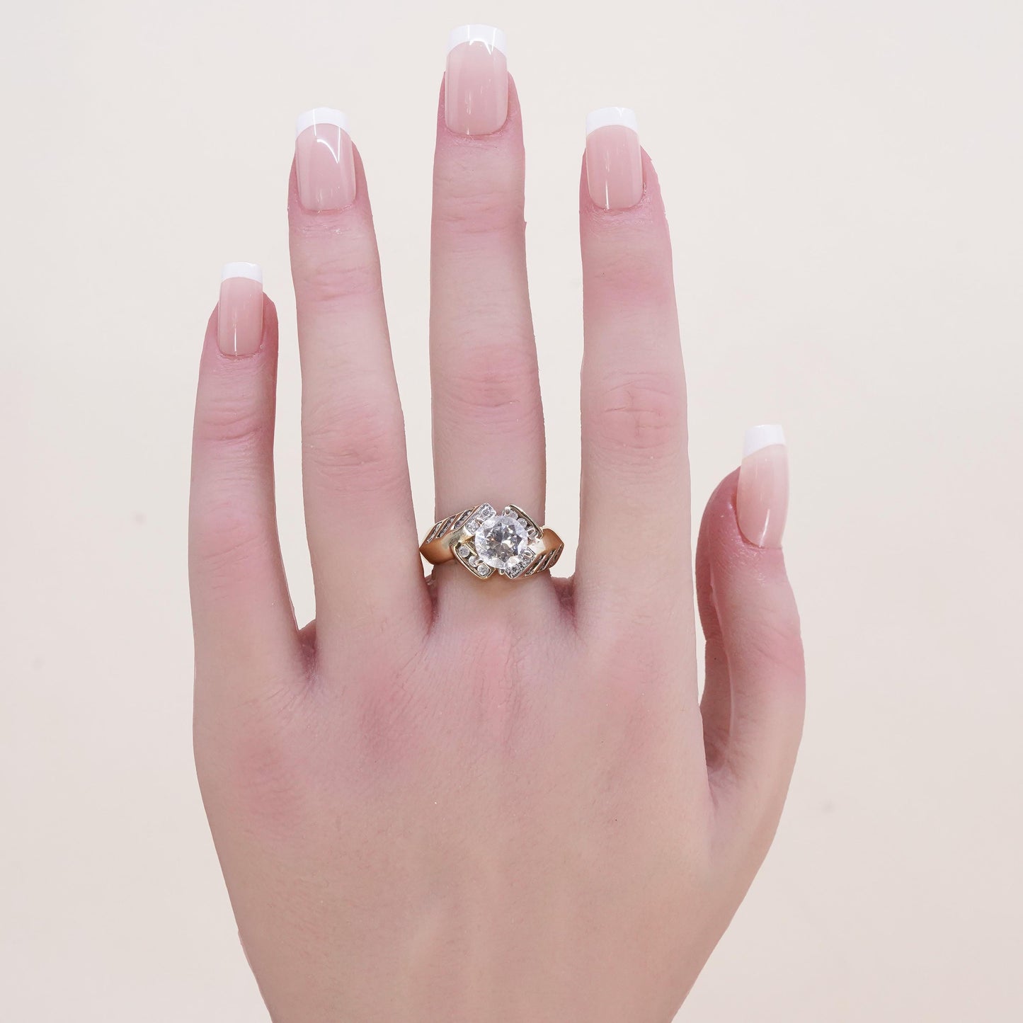 Size 7.25, Vintage gold over sterling silver CZ ring, 925, engagement ring