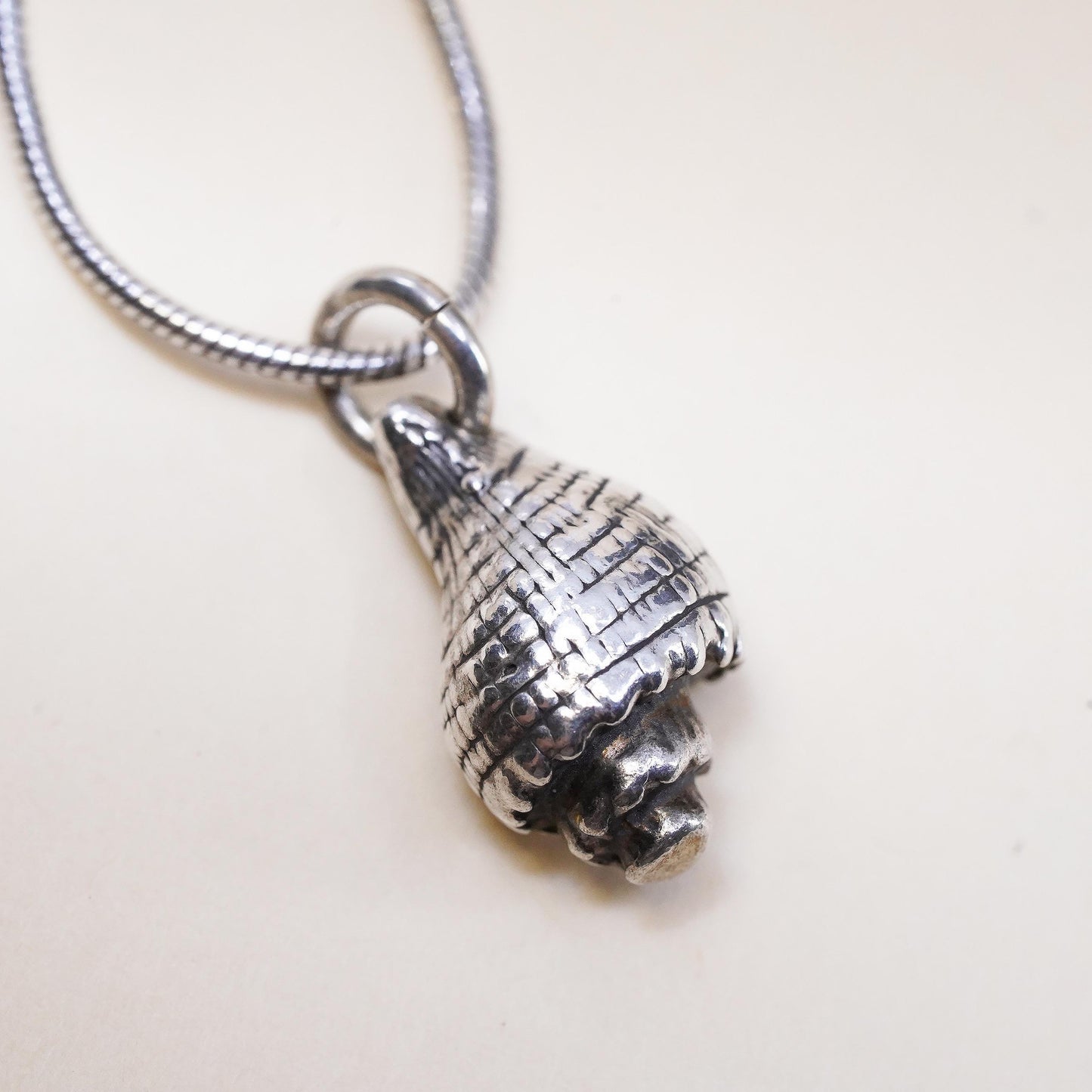 18" 1mm, Vintage Sterling 925 silver snake chain necklace w/ sea shell pendant