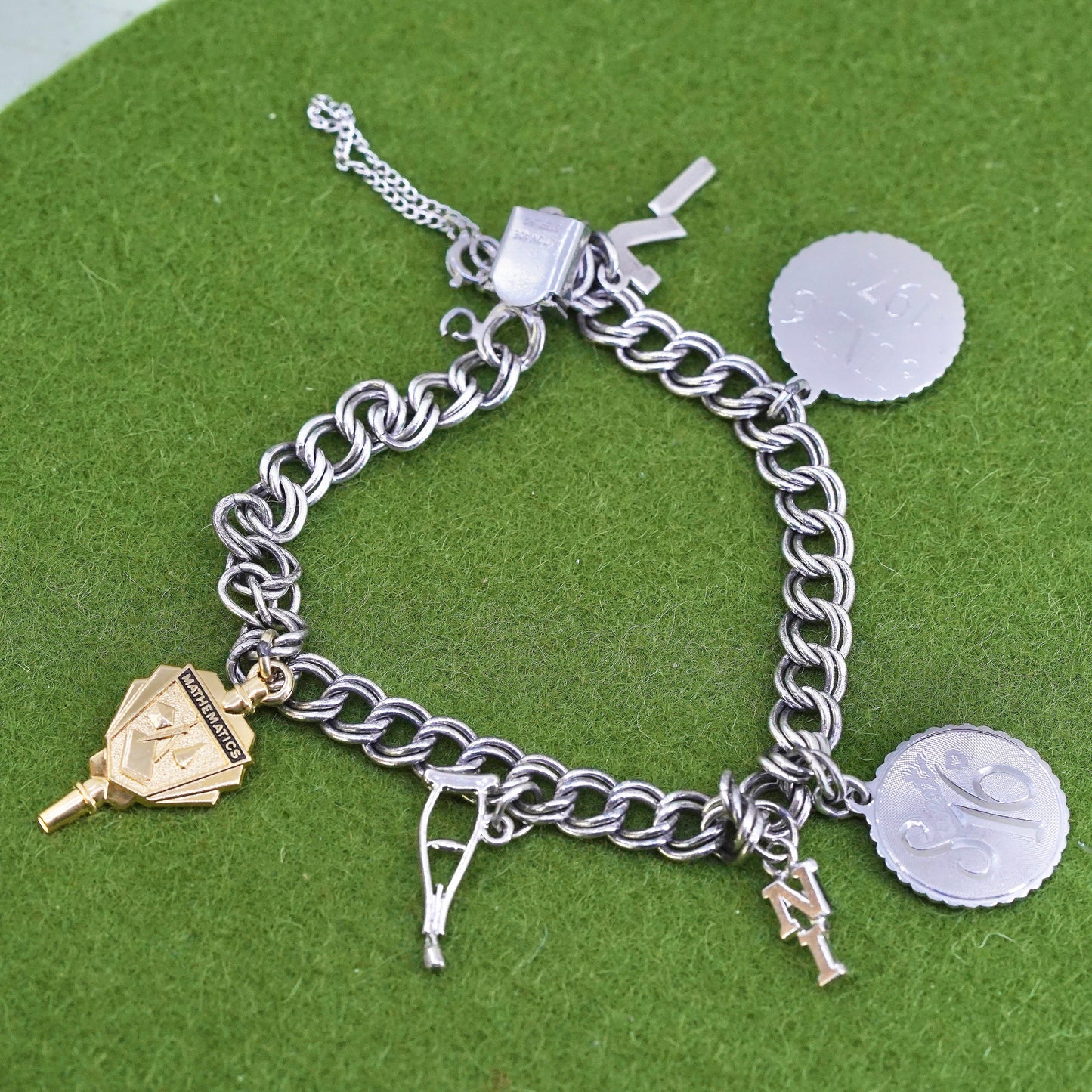 7", 7mm, Vintage sterling silver bracelet, 925 double curb chain with 5 charms