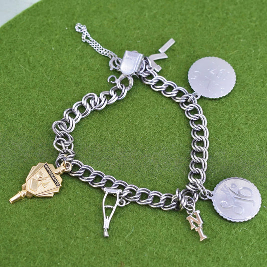 7", 7mm, Vintage sterling silver bracelet, 925 double curb chain with 5 charms