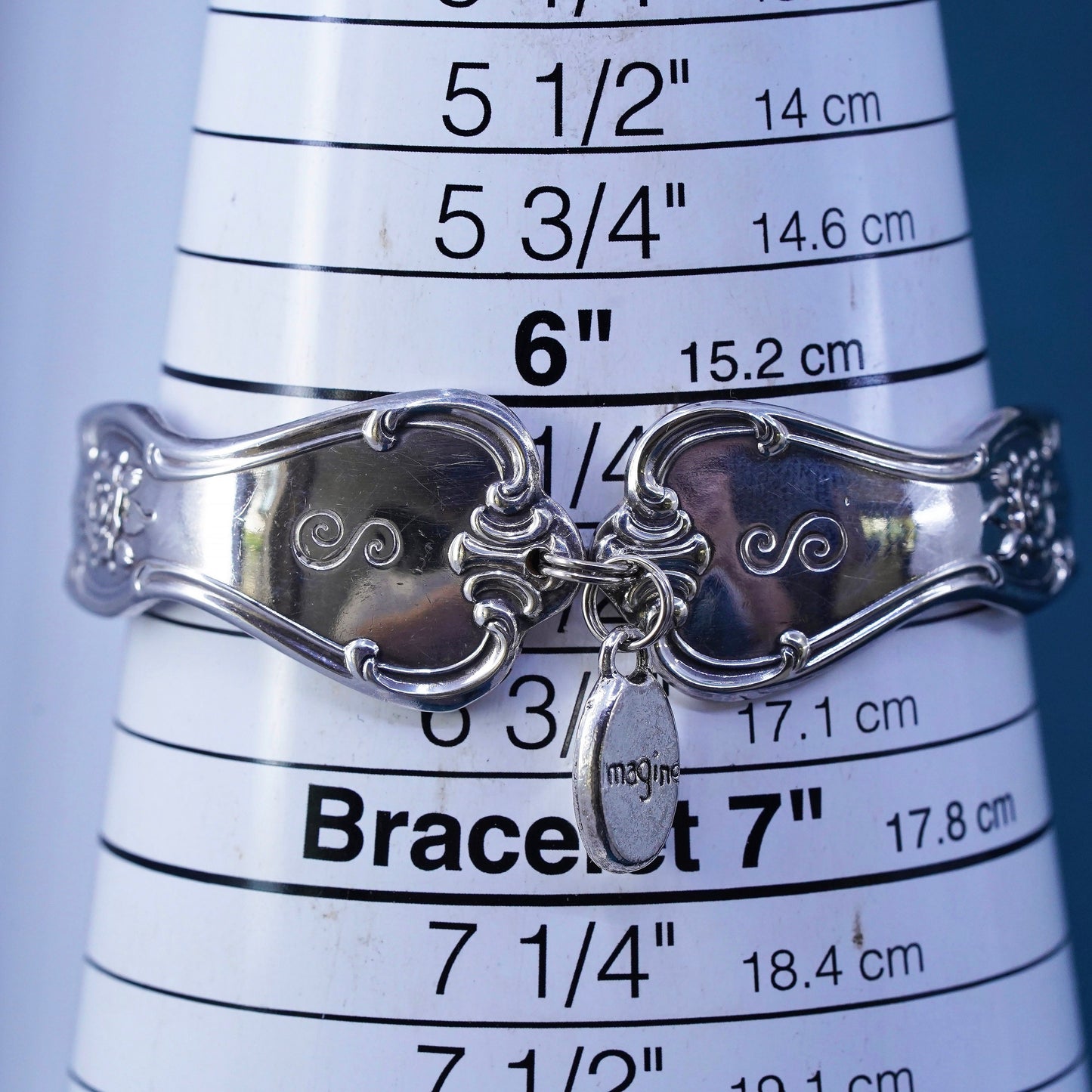 6.5” vintage Silver Tone spoon bracelet with charm and engraved “imagine”