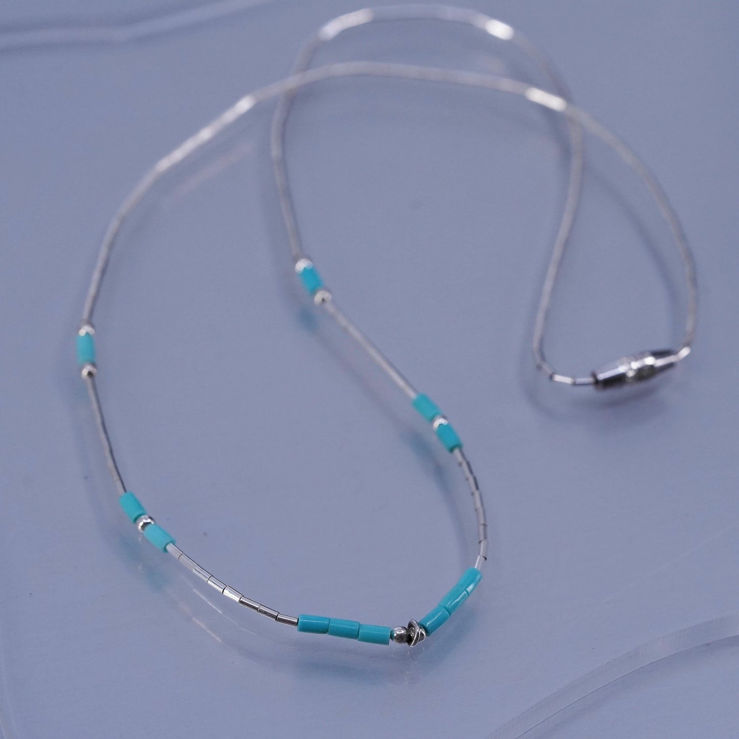 16”, Native American Sterling 925 liquid silver necklace with turquoise beads
