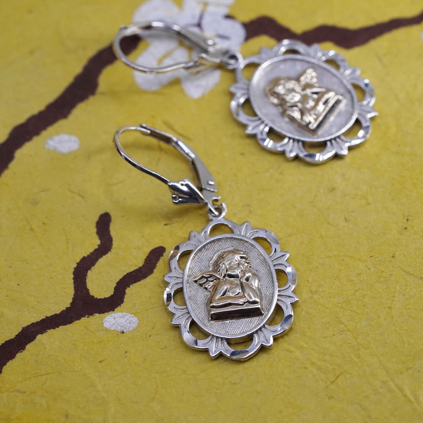 Michael Anthony Sterling 925 silver earrings w/ 14K yellow gold guardian angel