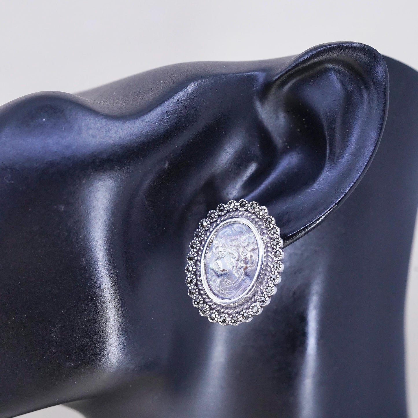 925 Sterling Silver Cameo Earrings, Marcasite Earrings, Mother of Pearl Studs