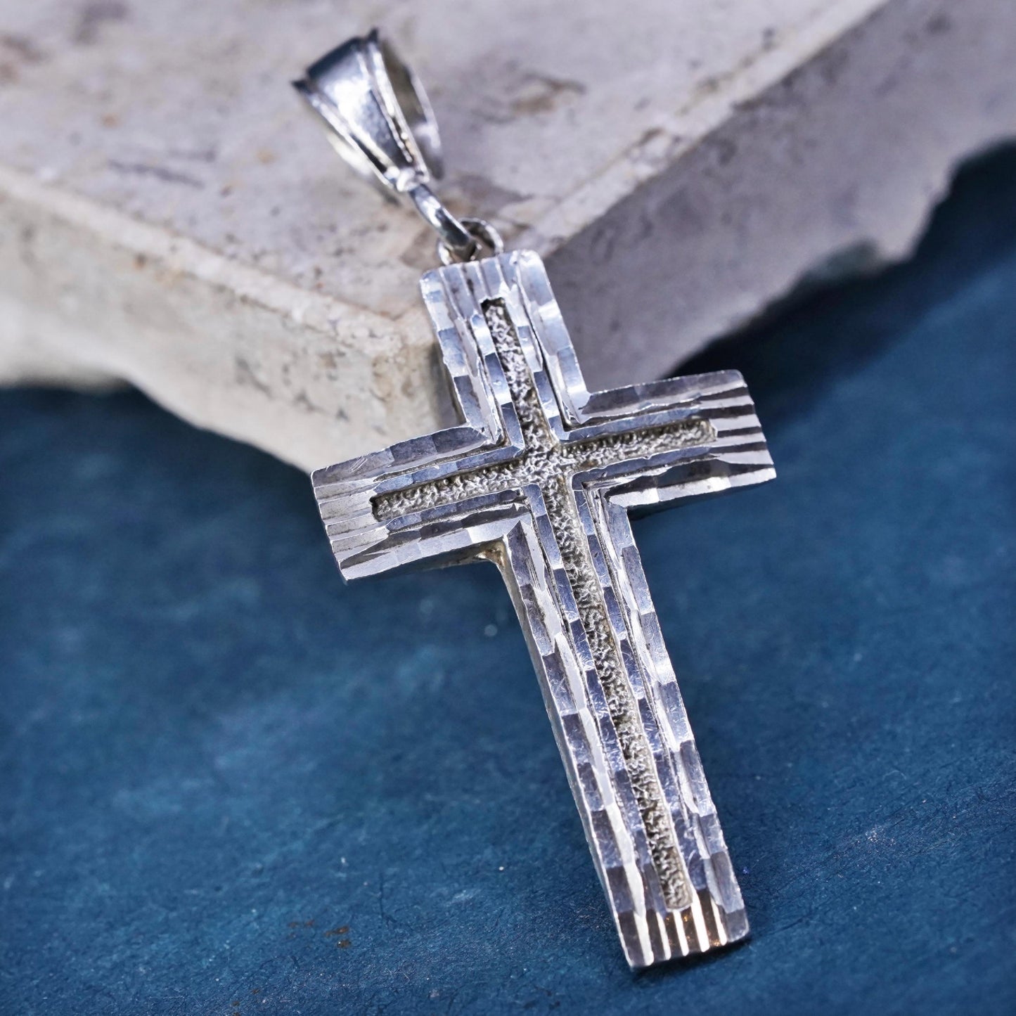vintage Sterling silver Handmade charm, textured 925 Jesus cross pendant