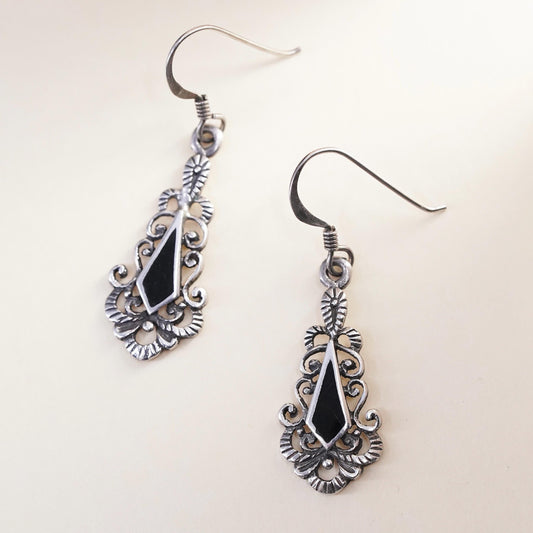 VTG sterling 925 silver earrings, teardrop black onyx, handmade southwestern