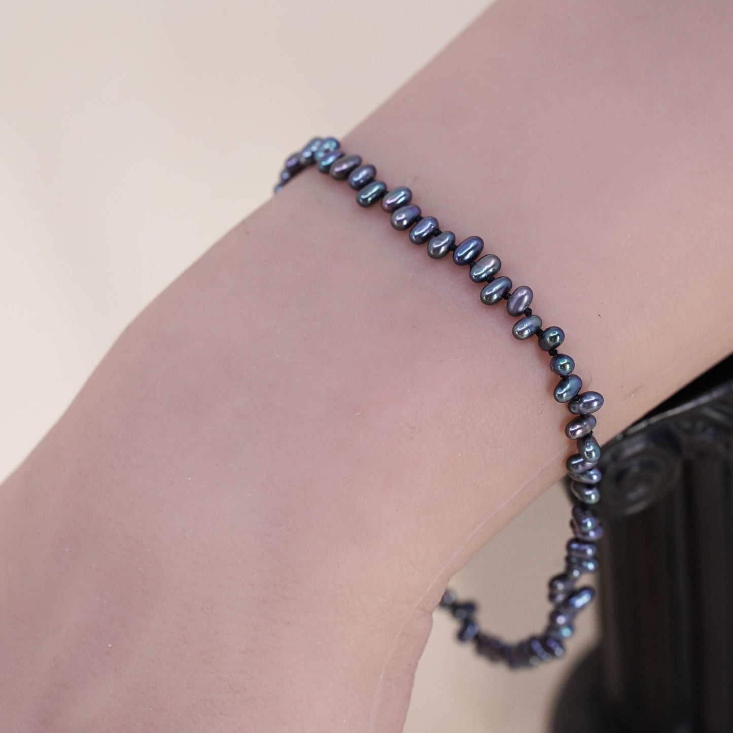 8", vintage sterling 925 silver handmade bracelet with black pearl beads