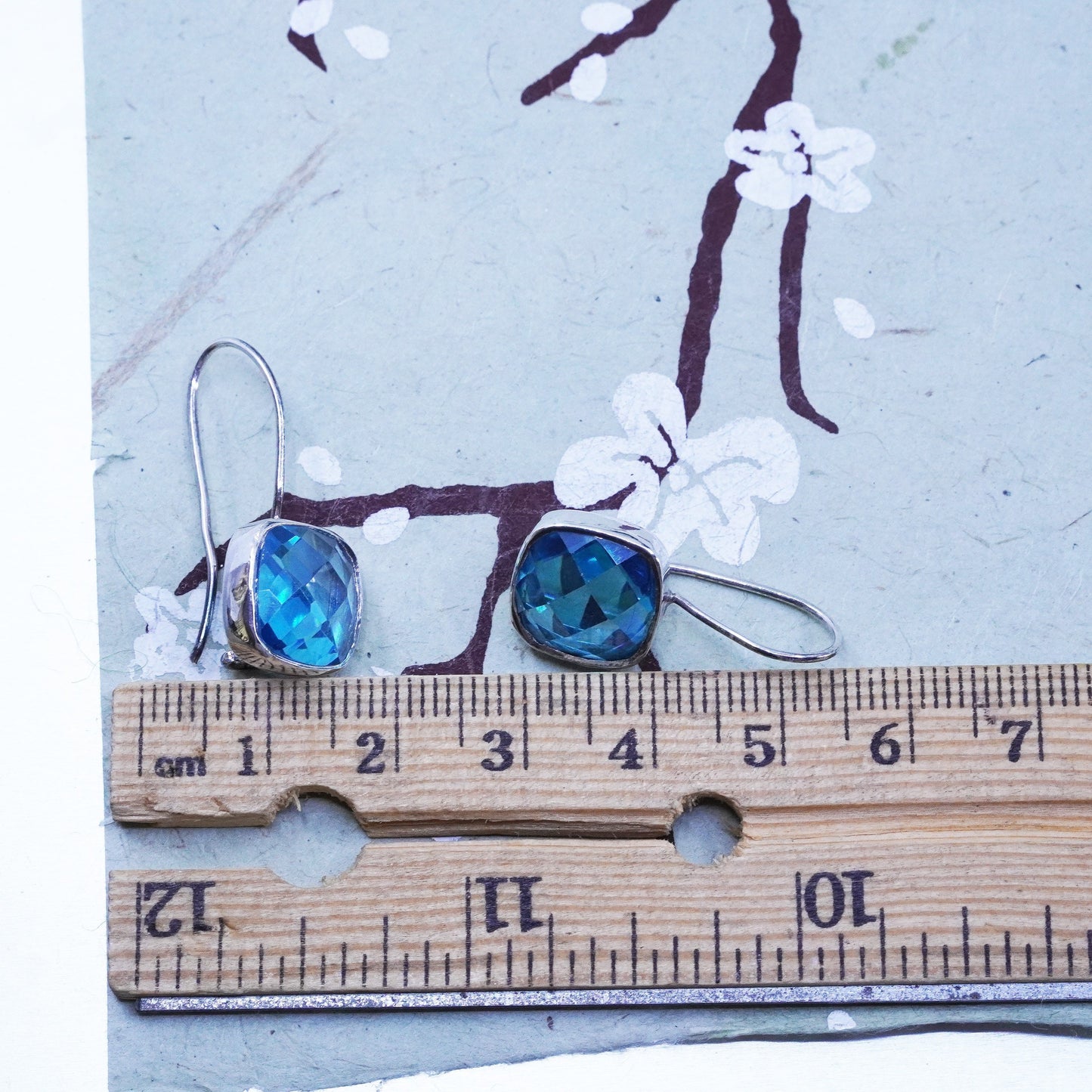 Vintage sterling silver 925 handmade earrings with checker cut blue topaz