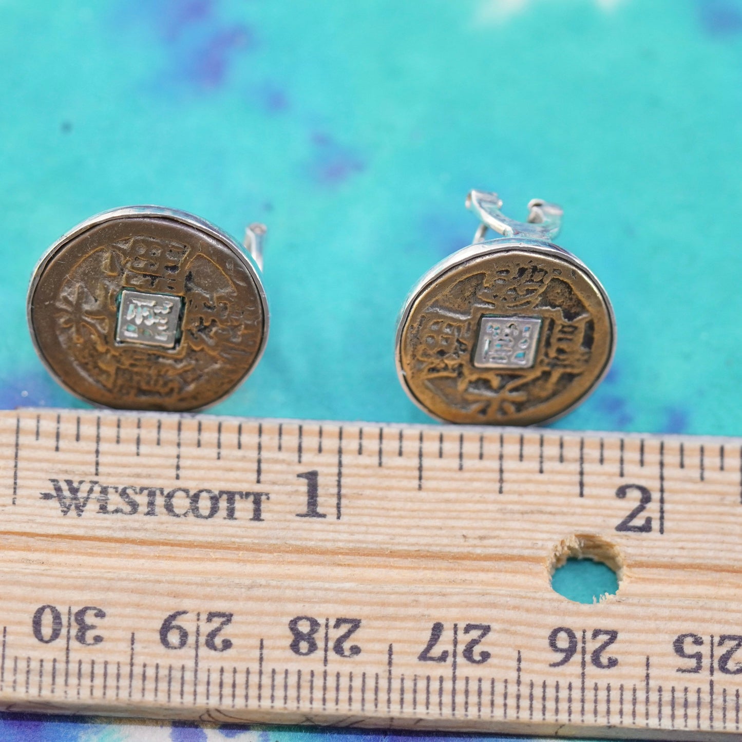 Native American Sterling silver handmade earrings, ancient Chinese coin studs