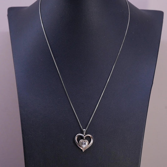 18+2", vintage Sterling silver necklace, 925 box chain cluster cz heart pendant