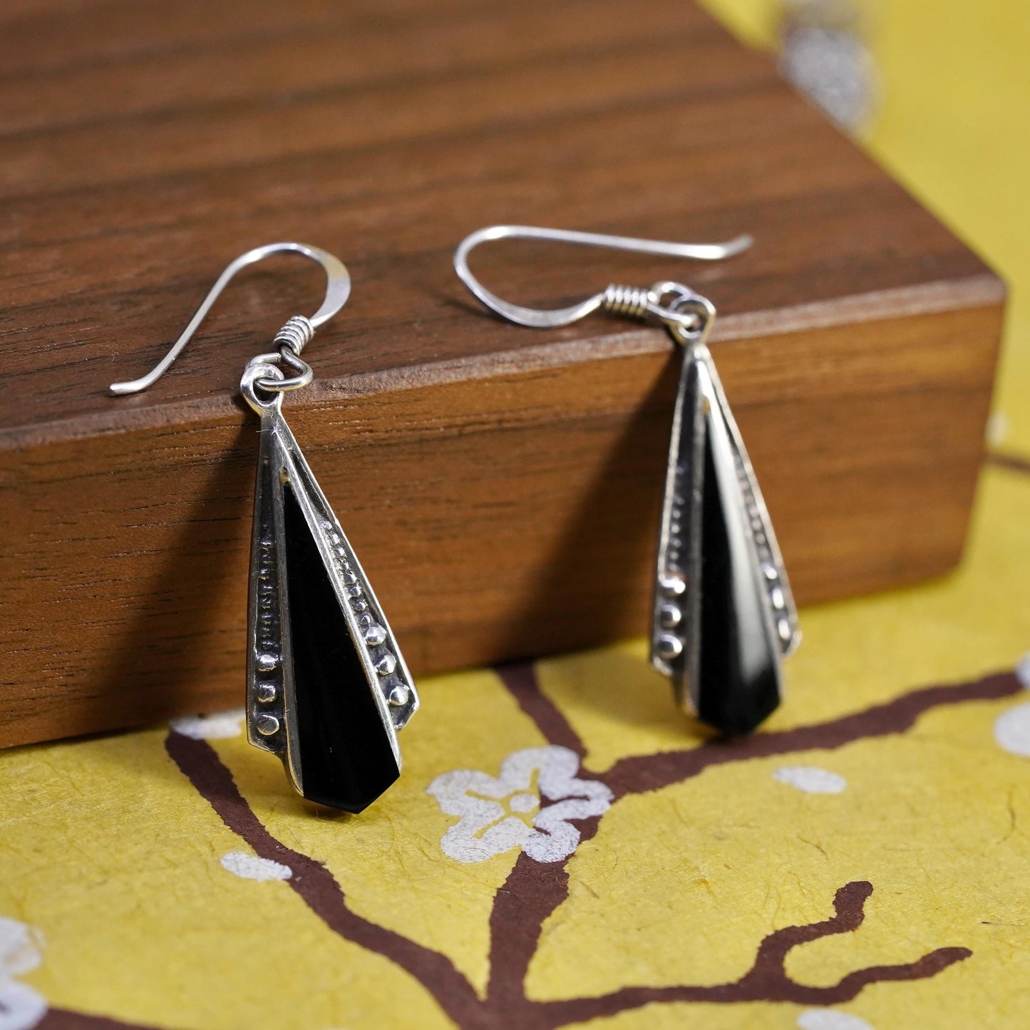 Vintage Sterling 925 silver handmade teardrop earrings with onyx and beads