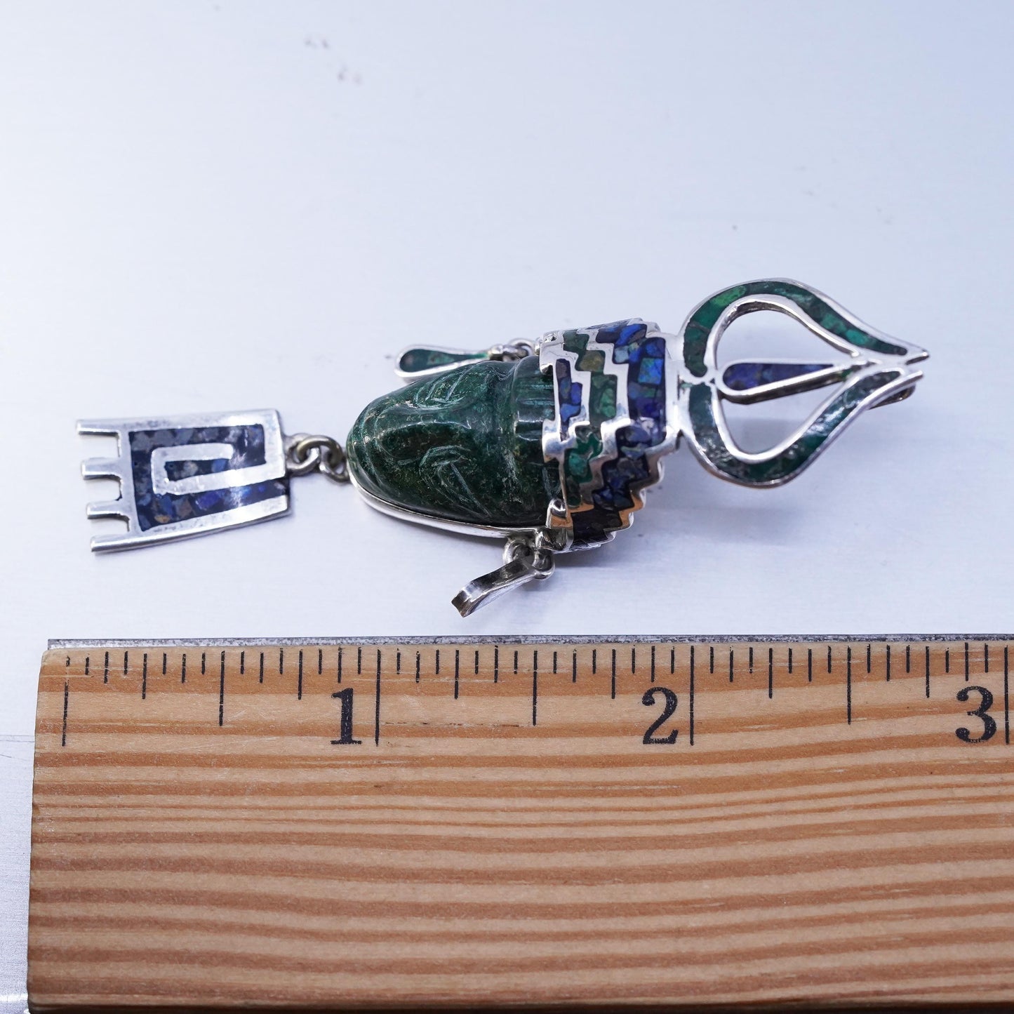 Vintage 1940s TS-30 Taxco Mexican Sterling Silver Tribal Face Jade Brooch & Pendant