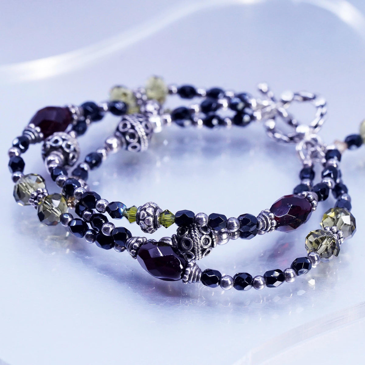 6.5”, VTG Sterling 925 silver multi strands bracelet citrine garnet onyx beads