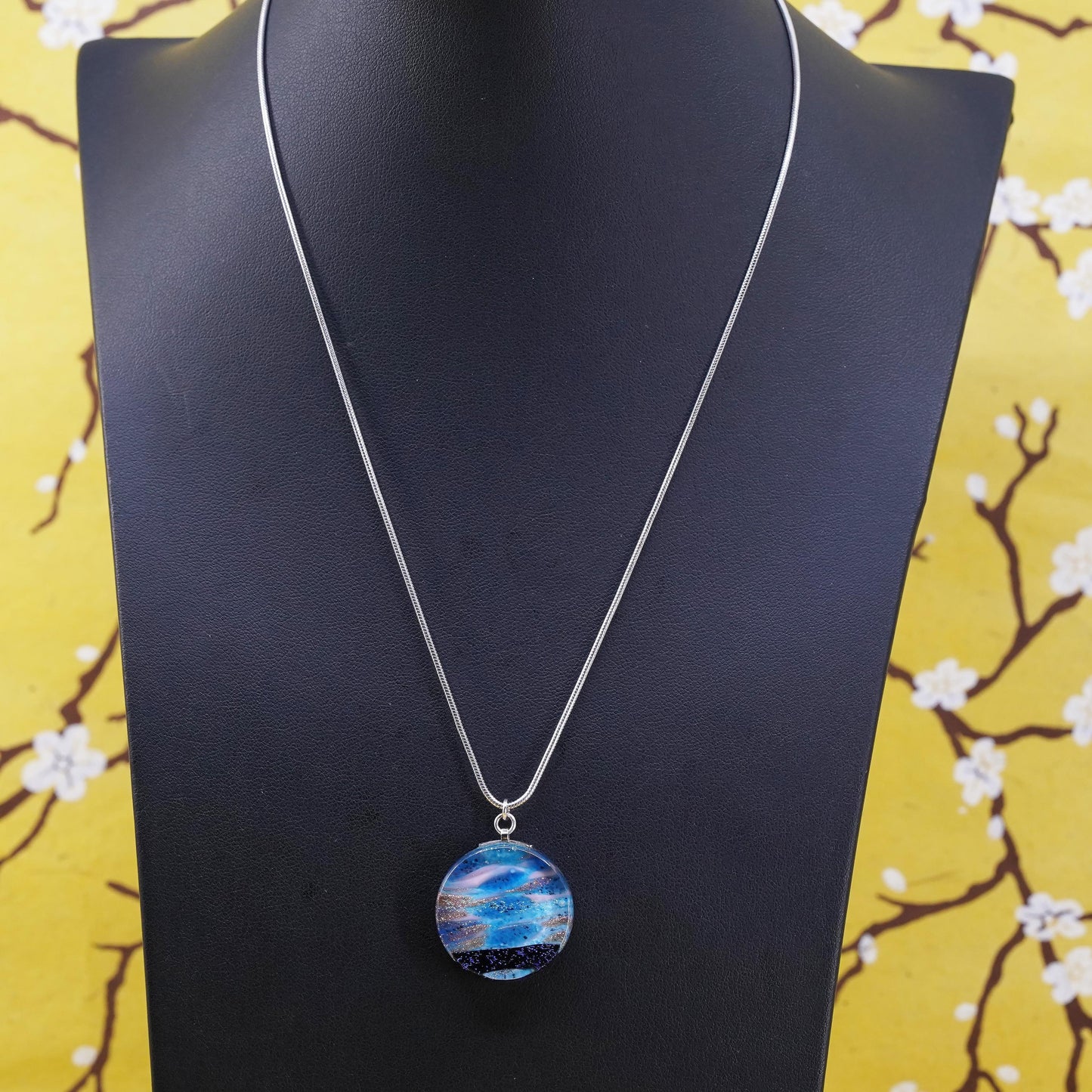 18", Sterling silver necklace, Italy 925 snake chain blue glass heart pendant