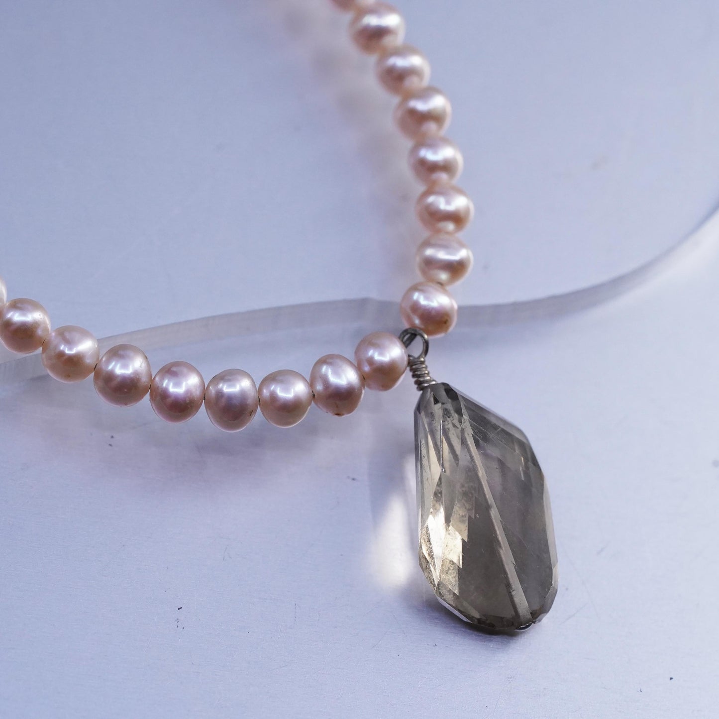 18+2", Ollie Sterling 925 silver necklace freshwater pearl smoky quartz pendant