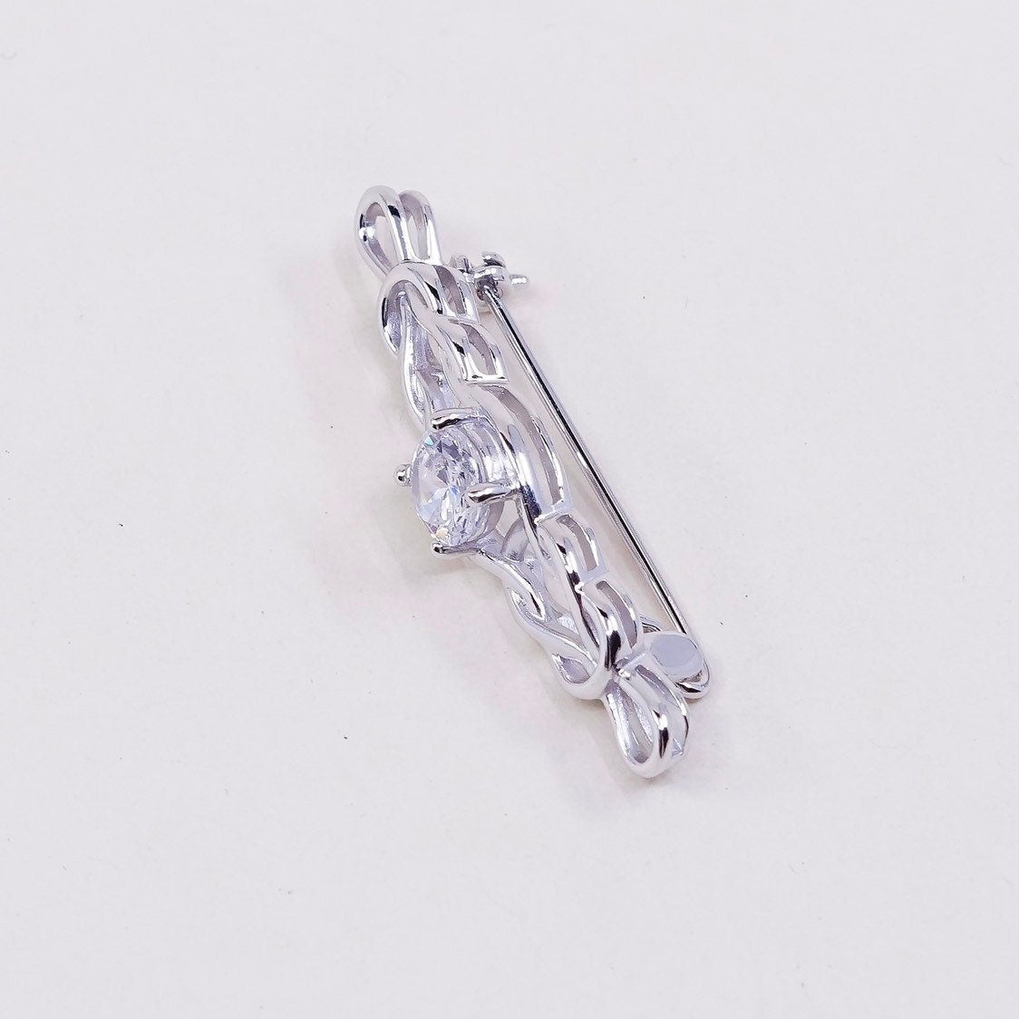 Vintage sterling silver handmade brooch, solid 925 silver entwined knot pin with Cz detail, simple, modern, stamped 925